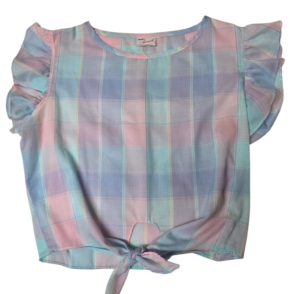 Vintage Shirt Medium Accent Pastel Plaid Tie Front Crop Top Flutter Sleeve